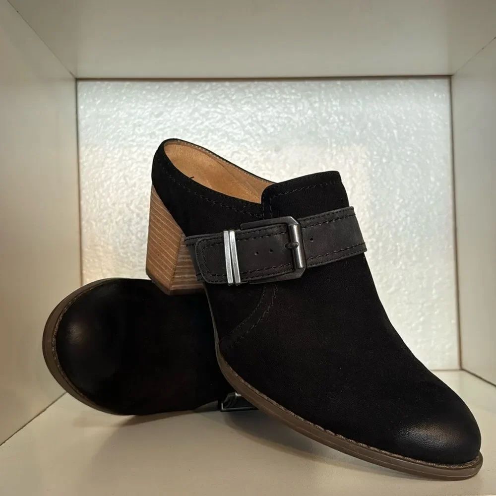 Vionic Black Suede Block Heel Mules Buckle Slip On Comfort Shoes Minimalist